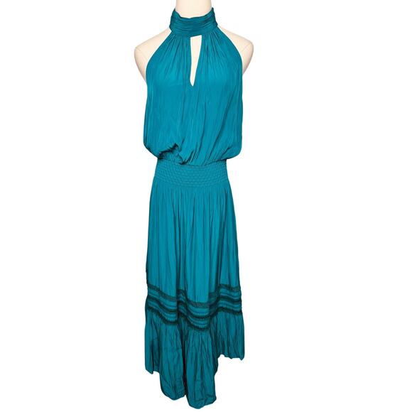 Ramy Brook Annette Halter Dress Petrol Teal Blue Green Smocked Waist Size L - Picture 1 of 9